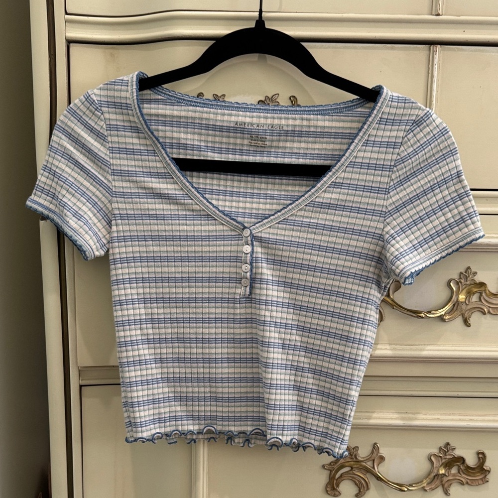 American Eagle Outfitters Blue Plaid V-Neck Top